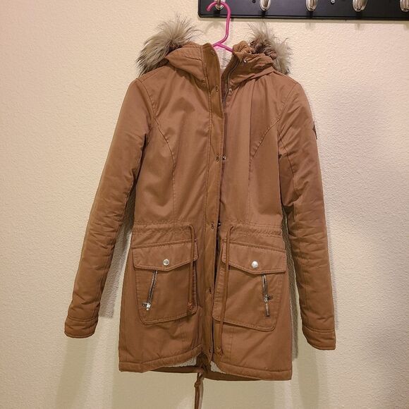 Hollister Tan Brown Hoodie Fuzzy Sherpa Long Coat with Removable fur size small - Picture 1 of 9